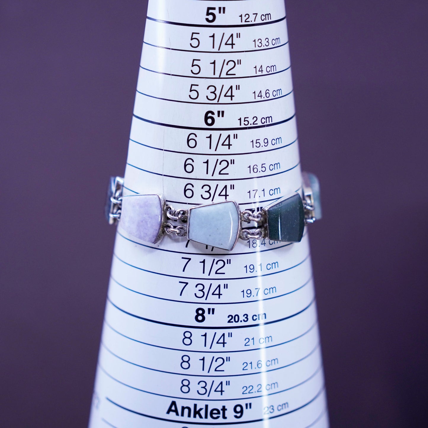 7”, vintage Sterling 925 silver handmade bracelet with various jade carnelian