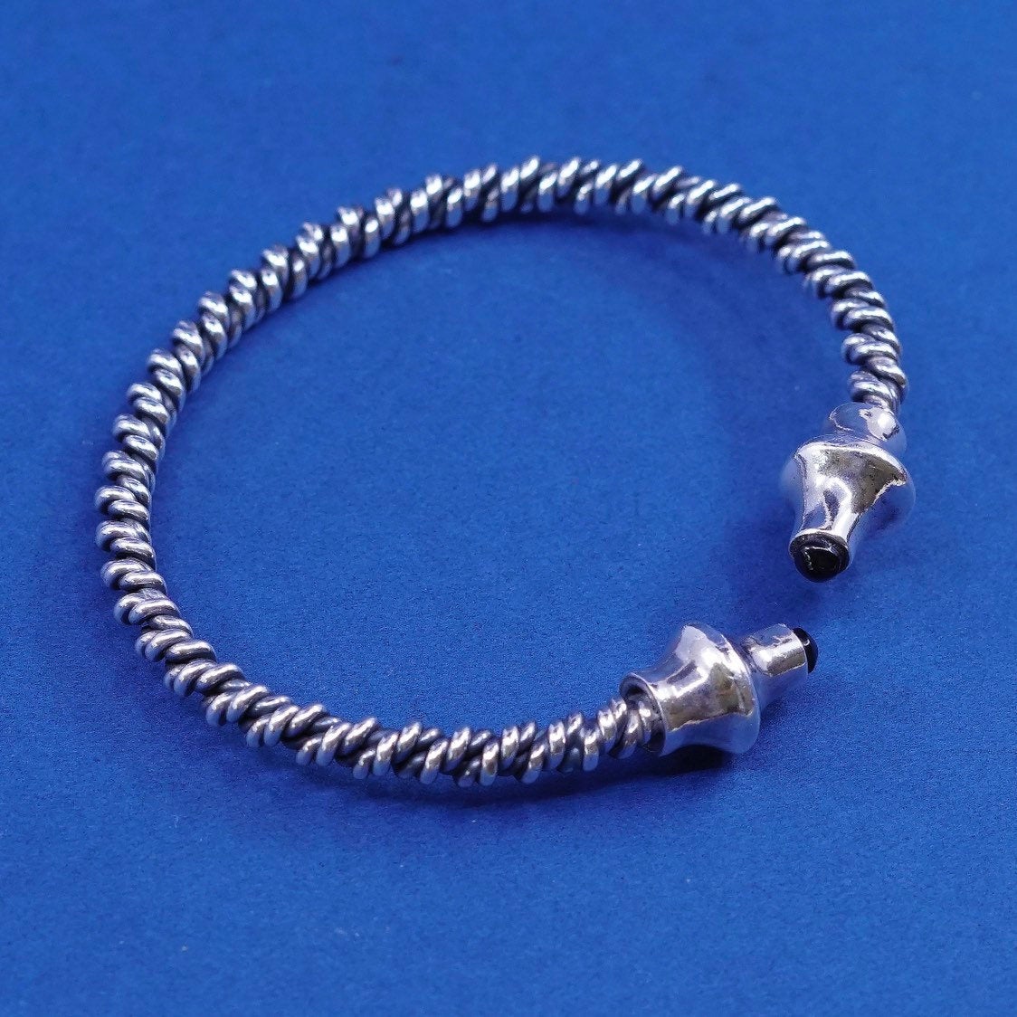 7", sterling silver handmade bracelet, 925 twisted cable cuff w/ obsidian beads