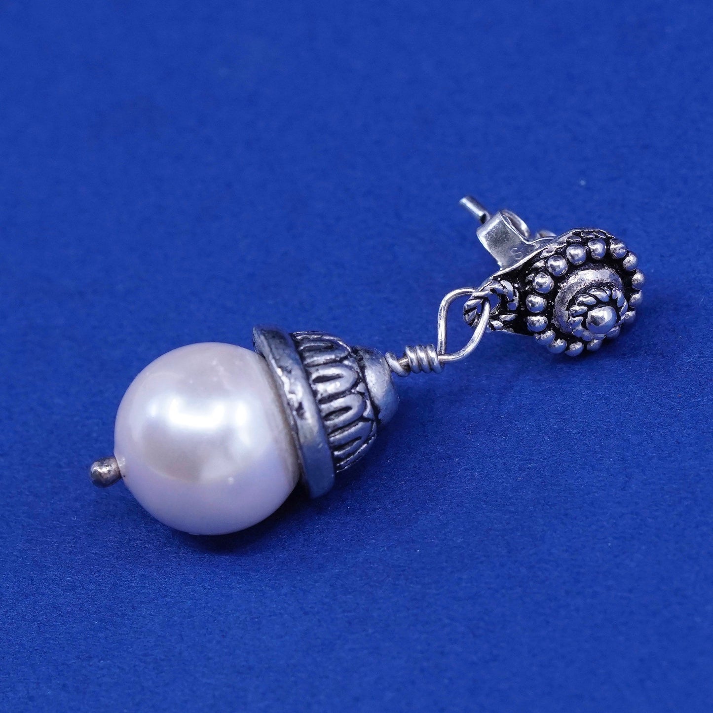 Vintage Sterling silver handmade earrings, bali 925 silver with pearl drops