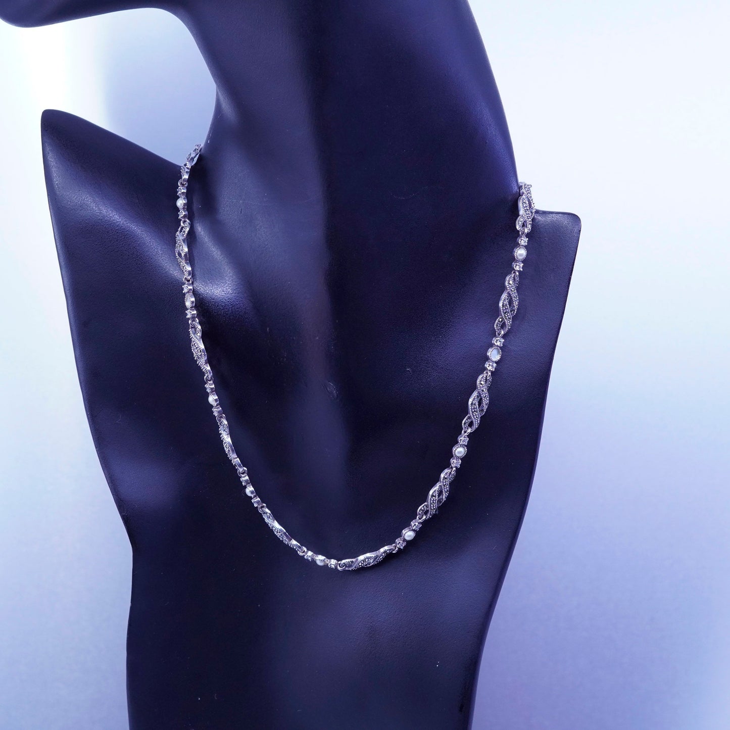 16”, Judith Jack Sterling 925 silver wavy chain tennis necklace Marcasite pearl