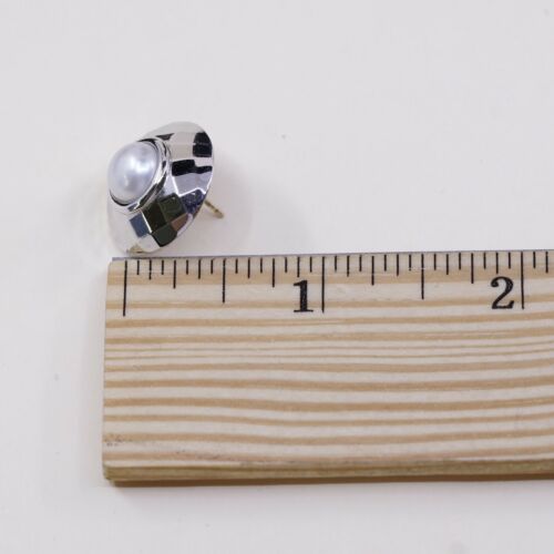 Vtg BAB Handmade STERLING SILVER earrings, 925 Studs W/ Pearl N Checker Texture