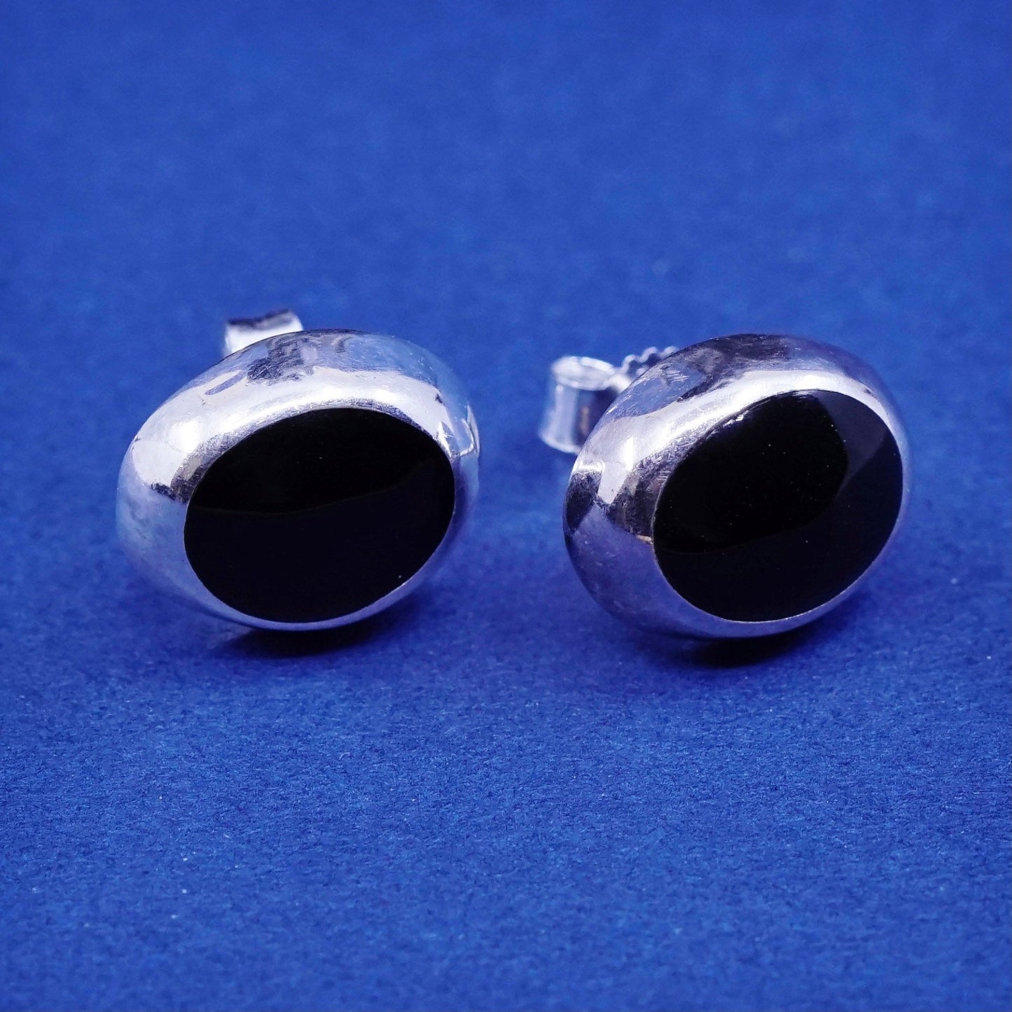 Vintage sterling silver handmade earrings, 925 oval studs with obsidian