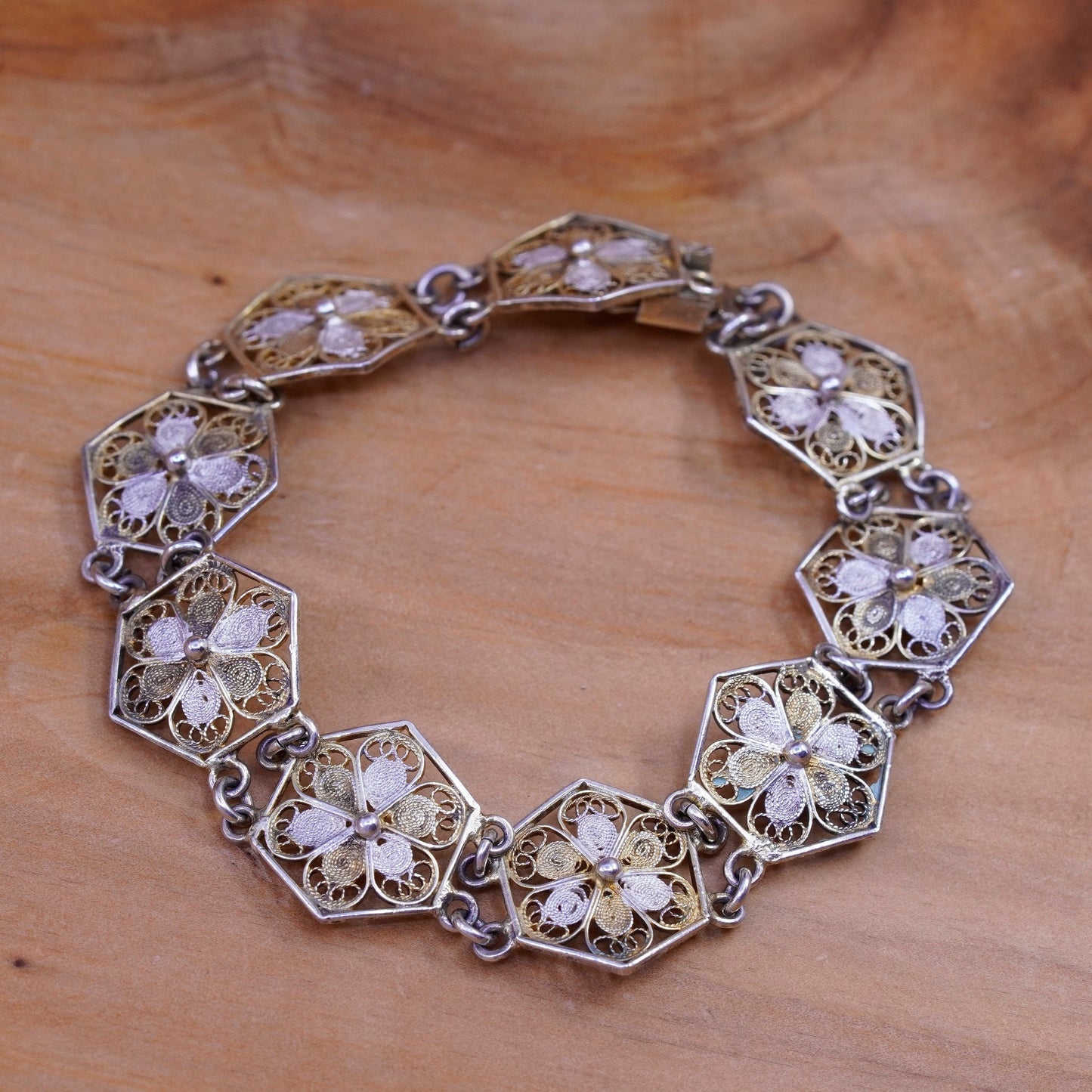 7”, vtg Germany 800 Sterling silver handmade bracelet, filigree floral chain