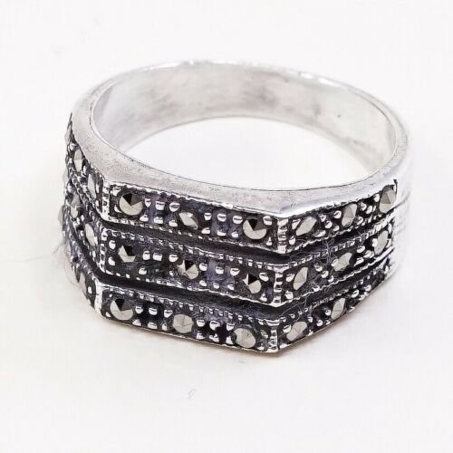 Sz 6, Vtg Sterling Silver Handmade Ring, 925 Silver Band marcasite details