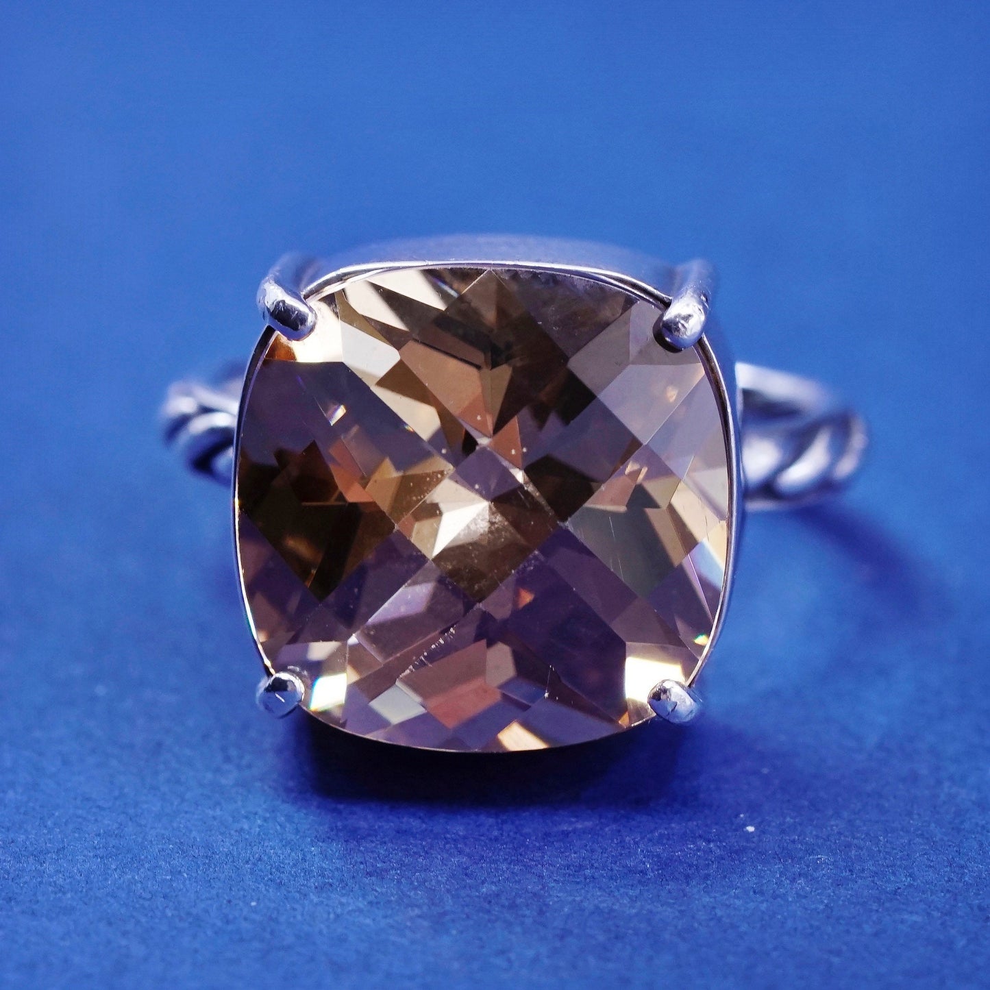 sz 7.75 vtg Sterling silver ring, 925 with cushion cut citrine N clear crystal