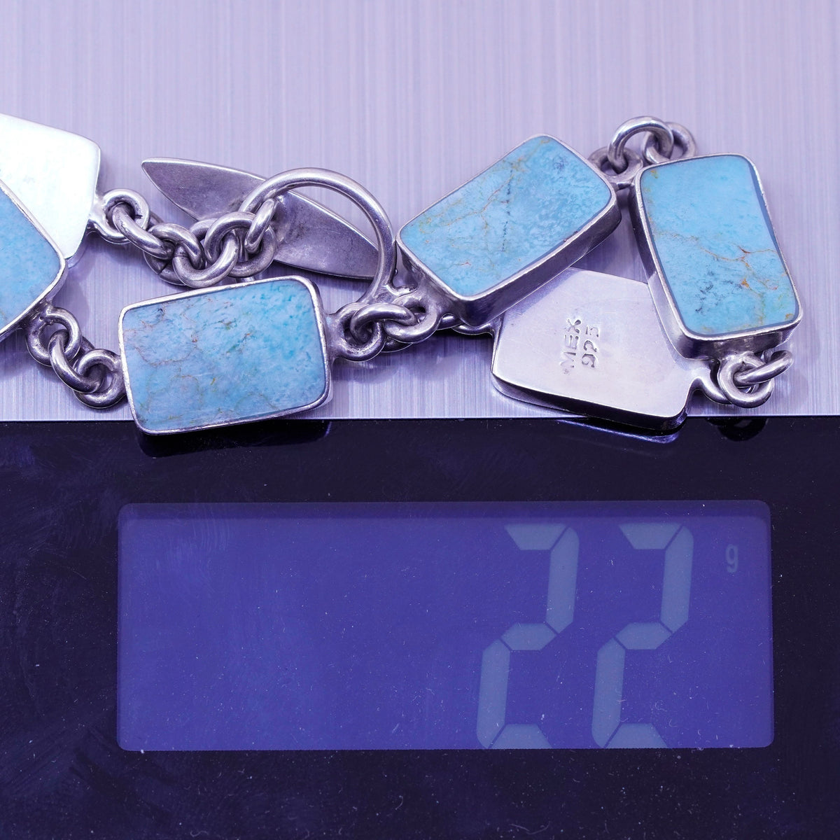 7.25”, vtg Sterling silver handmade bracelet, Mexico 925 chain square turquoise