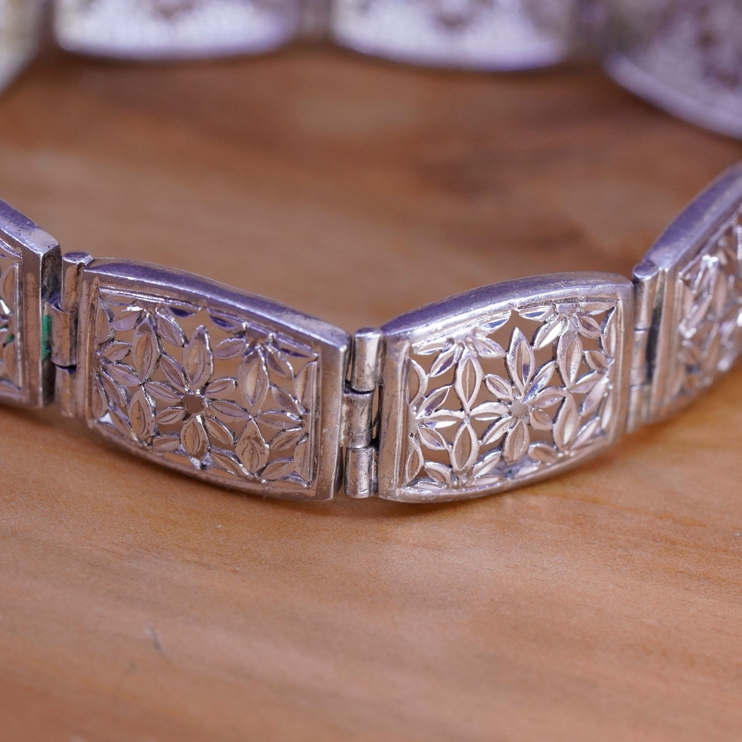 7.25”, vintage Sterling silver handmade bracelet, 925 filigree leafy links