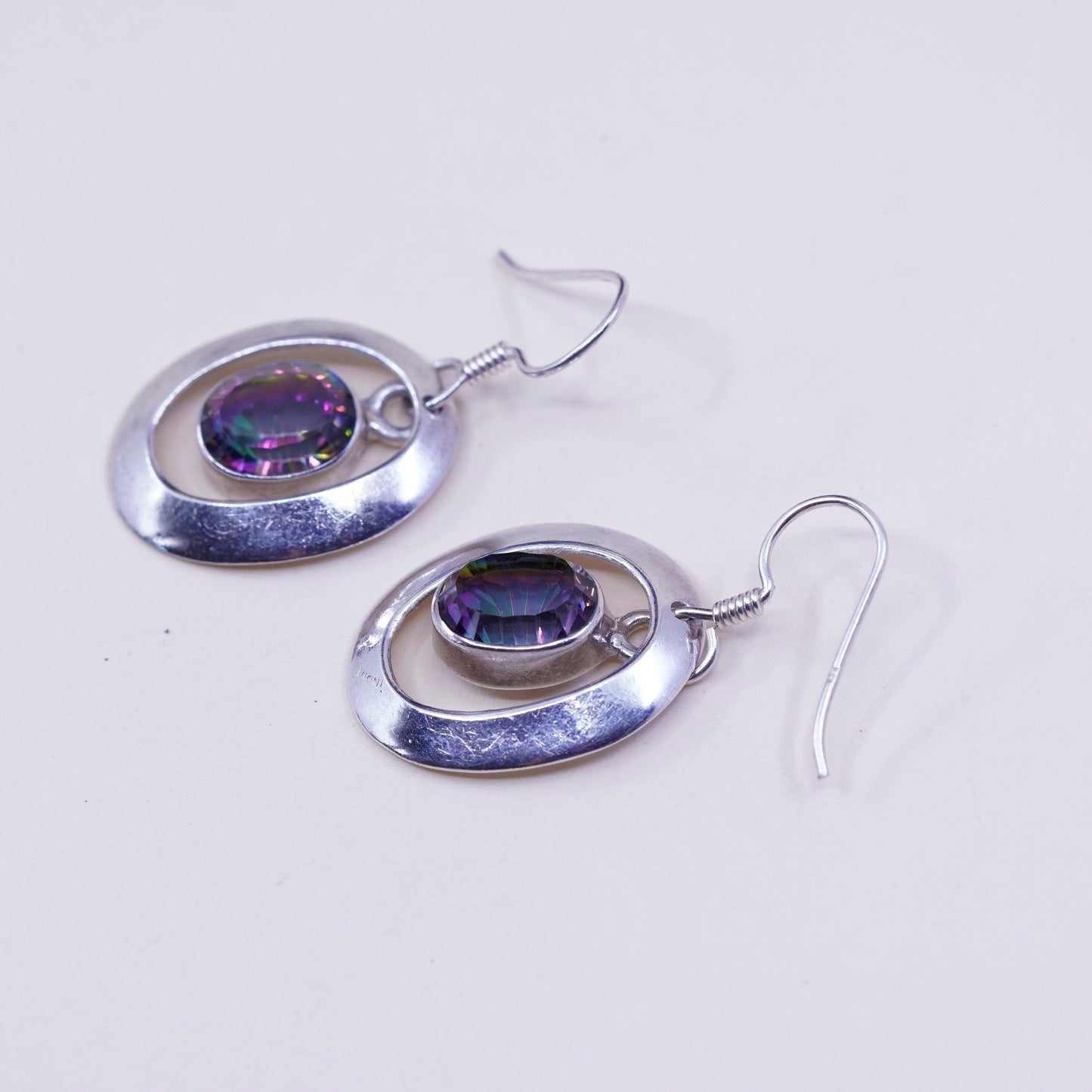 Vintage sterling 925 silver handmade earrings with rainbow topaz drops, stamped 925