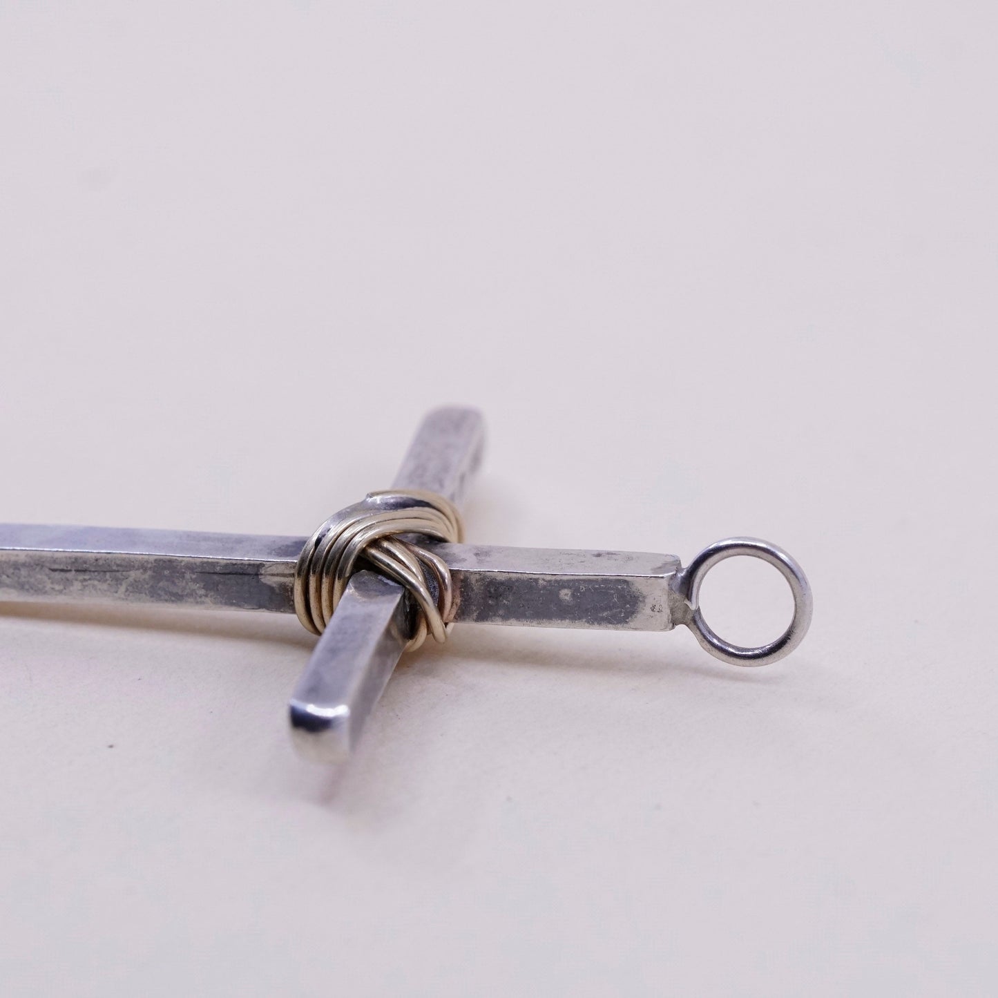 Vintage handmade Sterling silver pendant, 925 cross with brass wired