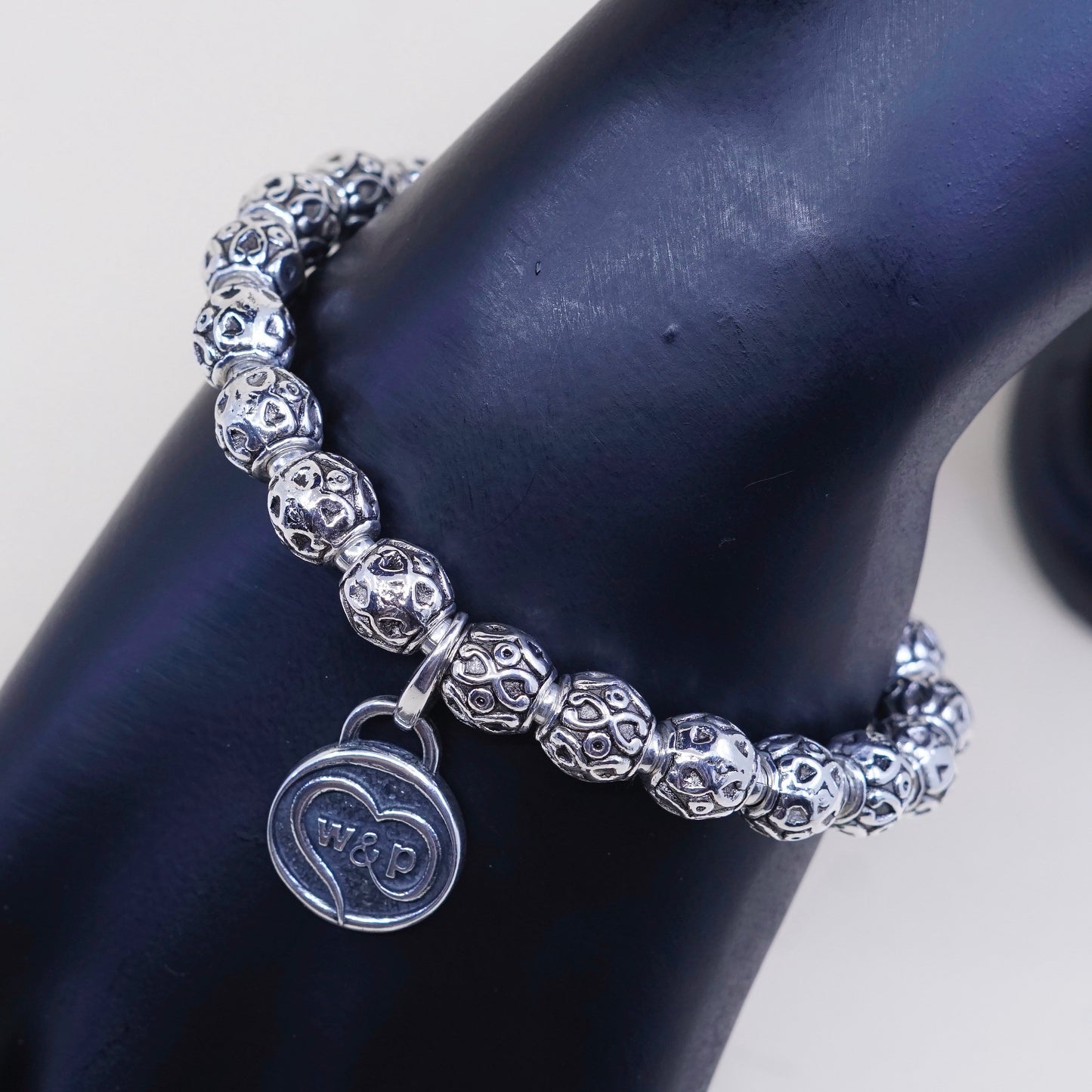 6.75”, sterling 925 silver handmade elastic bracelet textured beads N ASU charm