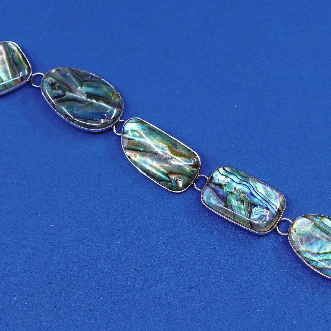 6.75”+1", vtg sterling silver handmade bracelet, 925 w/ abalone links N toggle