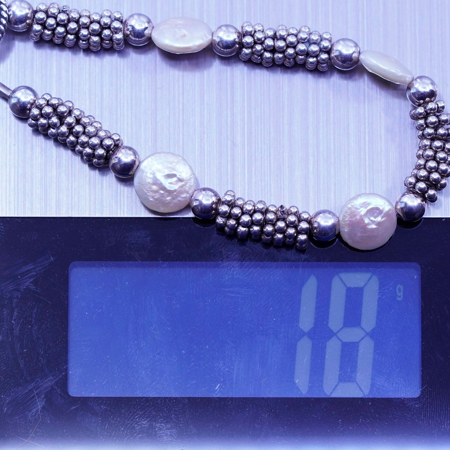 6.5”, vintage Sterling 925 silver bracelet with freshwater coin pearl