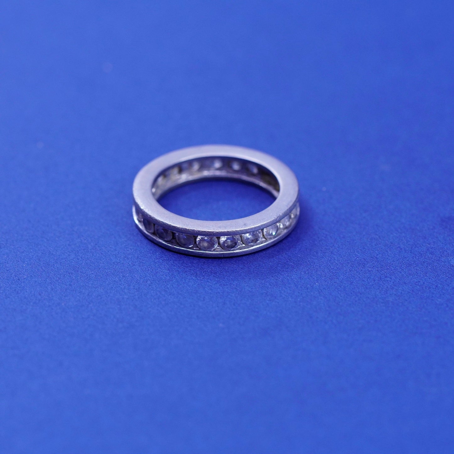 Size 8, vintage Sterling silver engagement ring, 925 band with clear cz around