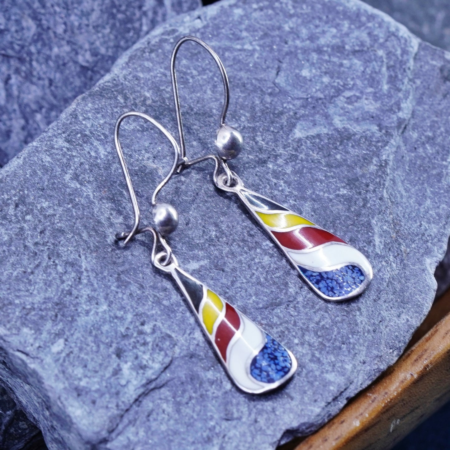 Vintage sterling 925 silver handmade teardrop earrings with enamel