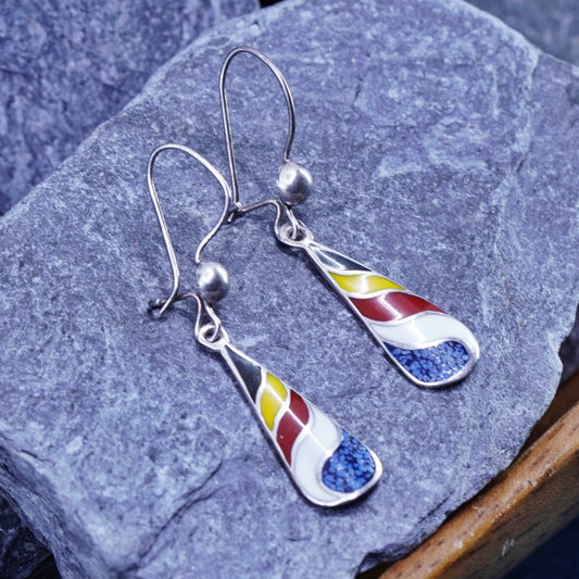 Vintage sterling 925 silver handmade teardrop earrings with enamel