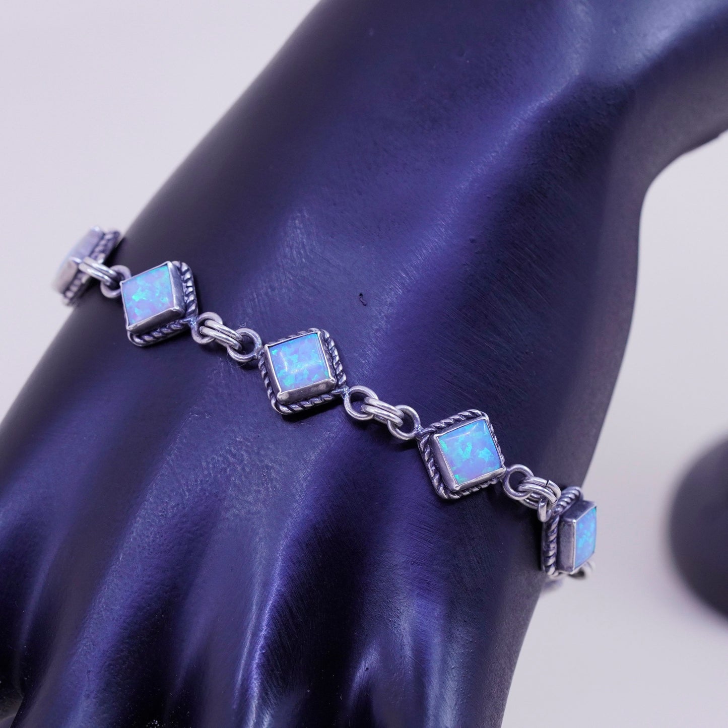 6.5+1”, vintage Sterling 925 silver tennis bracelet with opal and cable