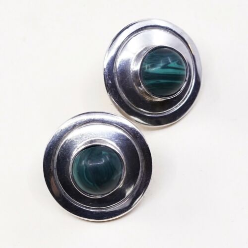 Vtg Mexico Sterling Silver Earrings W/ Malachite, 925 silver Studs