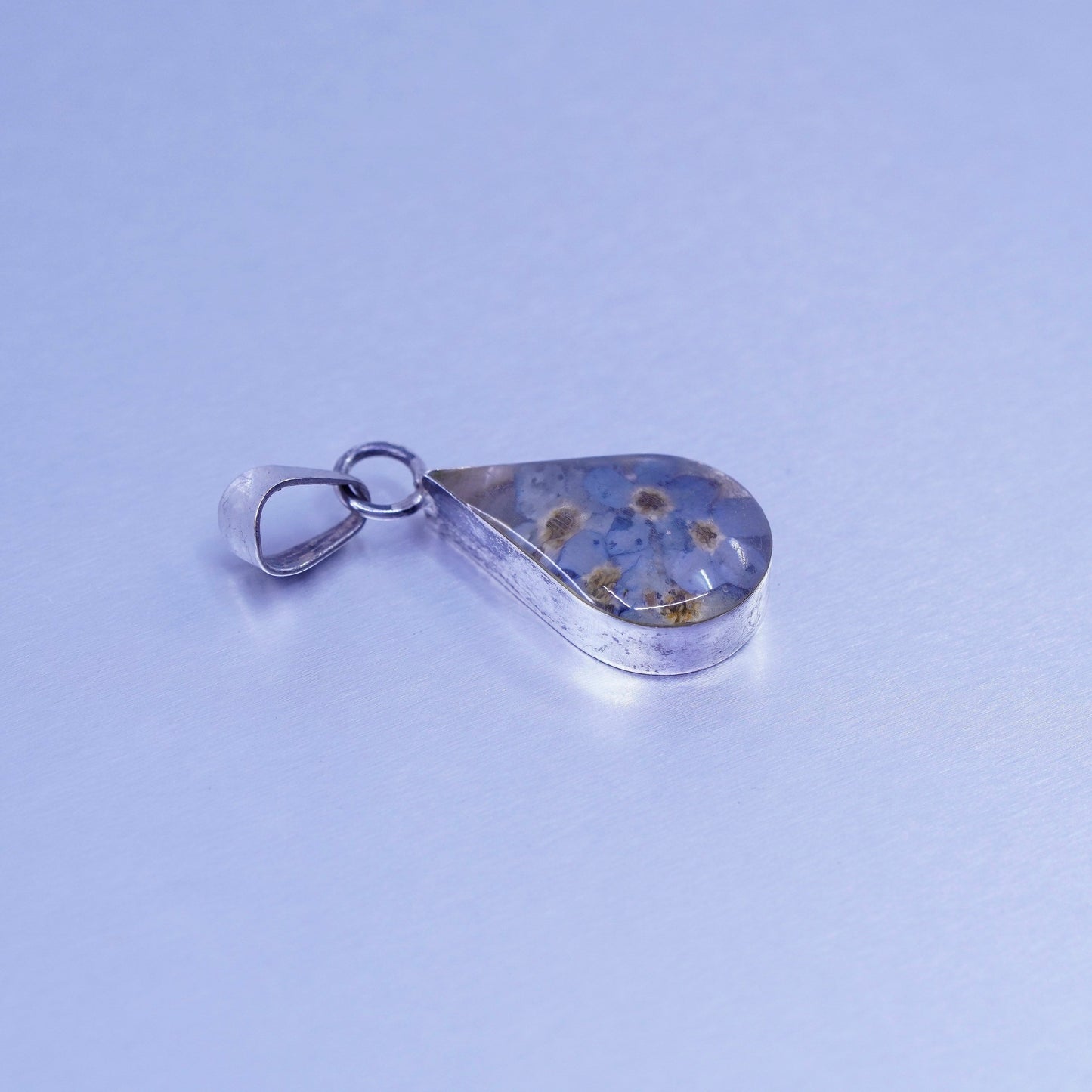 antique sterling 925 silver resin pendant with blue resin flower