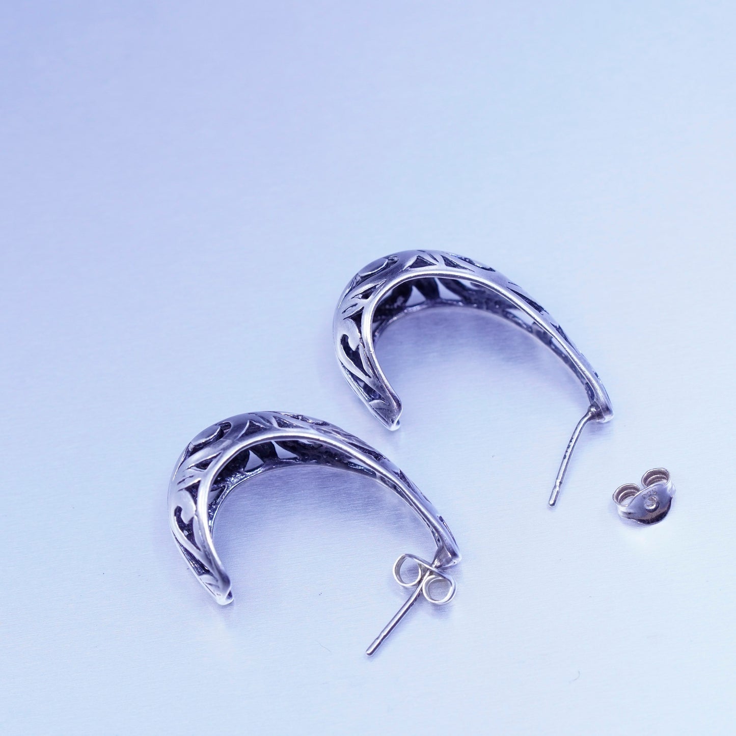 1”, vintage Sterling silver handmade earrings, 925 filigree Huggie hoops
