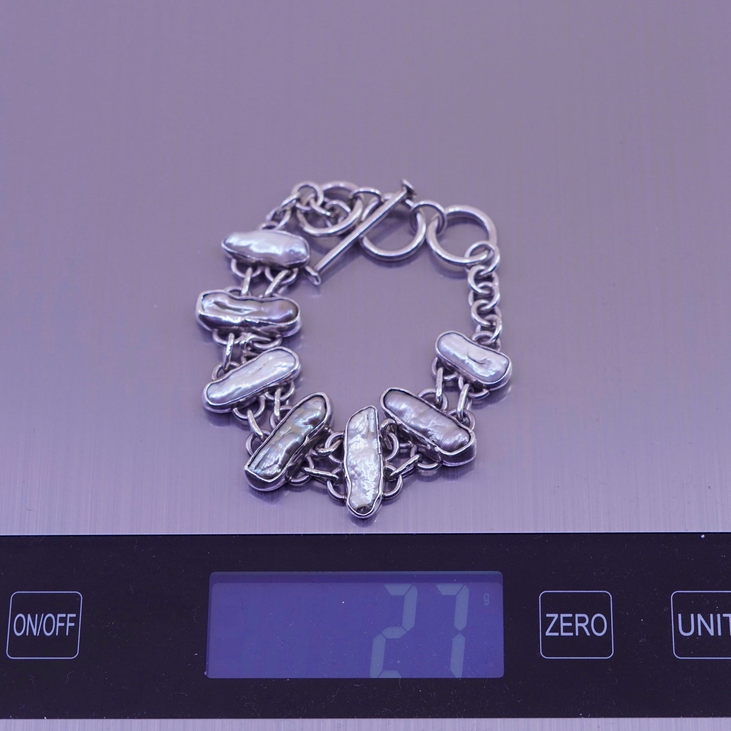 6.5+1”, handmade Sterling 925 silver bracelet with long pearl toggle closure