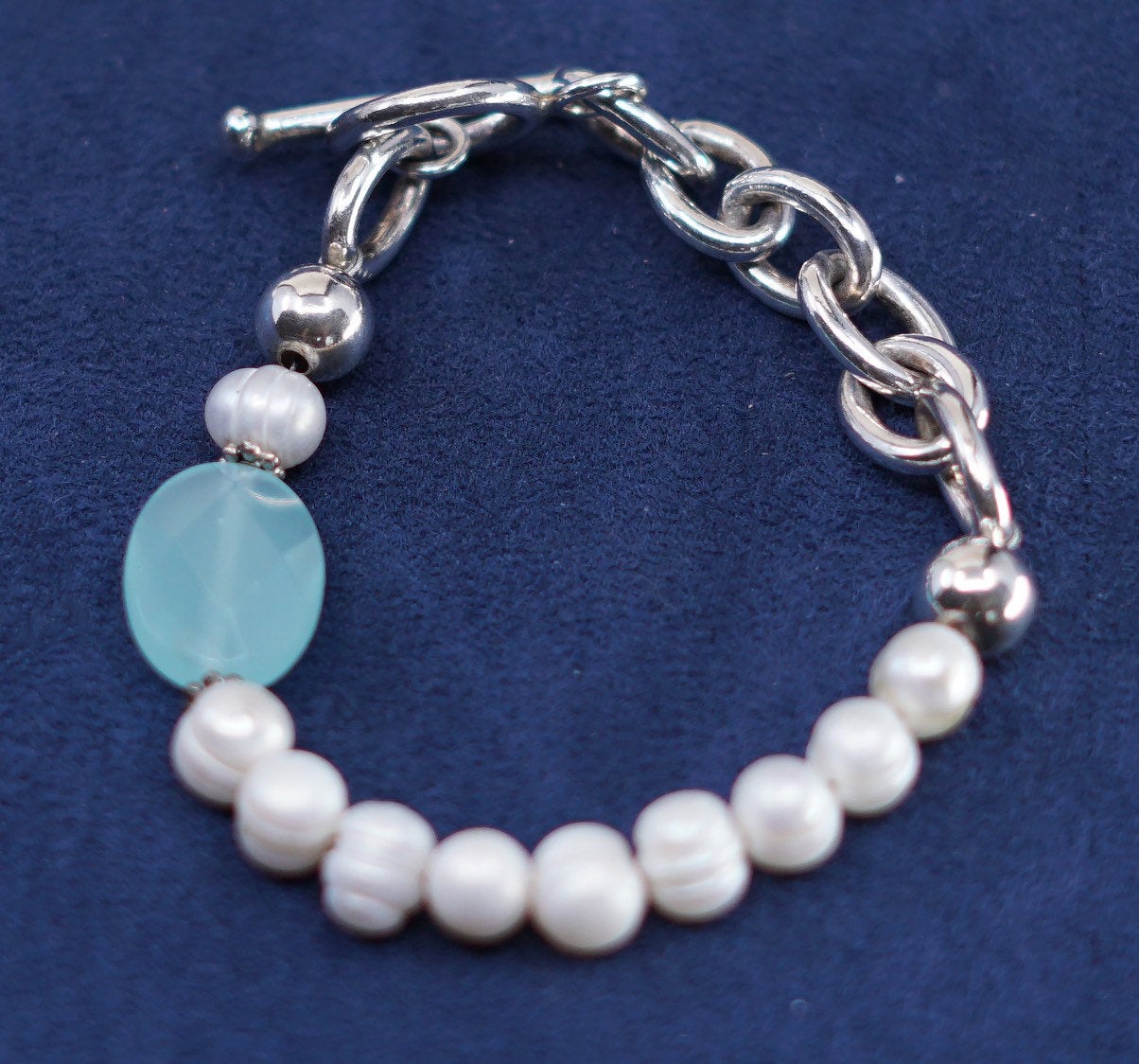 6.75”, 8mm, Sterling silver handmade bracelet, 925 circle chain w/ pearl beads