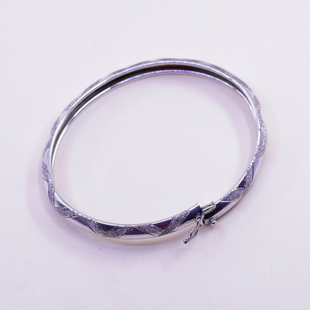 7.5”, vtg sterling silver handmade bracelet, cross textured 925 hinged bangle