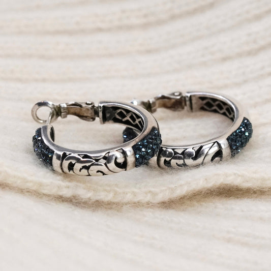 0.75”, Sterling silver handmade earrings, filigree 925 hoops Huggie crystal