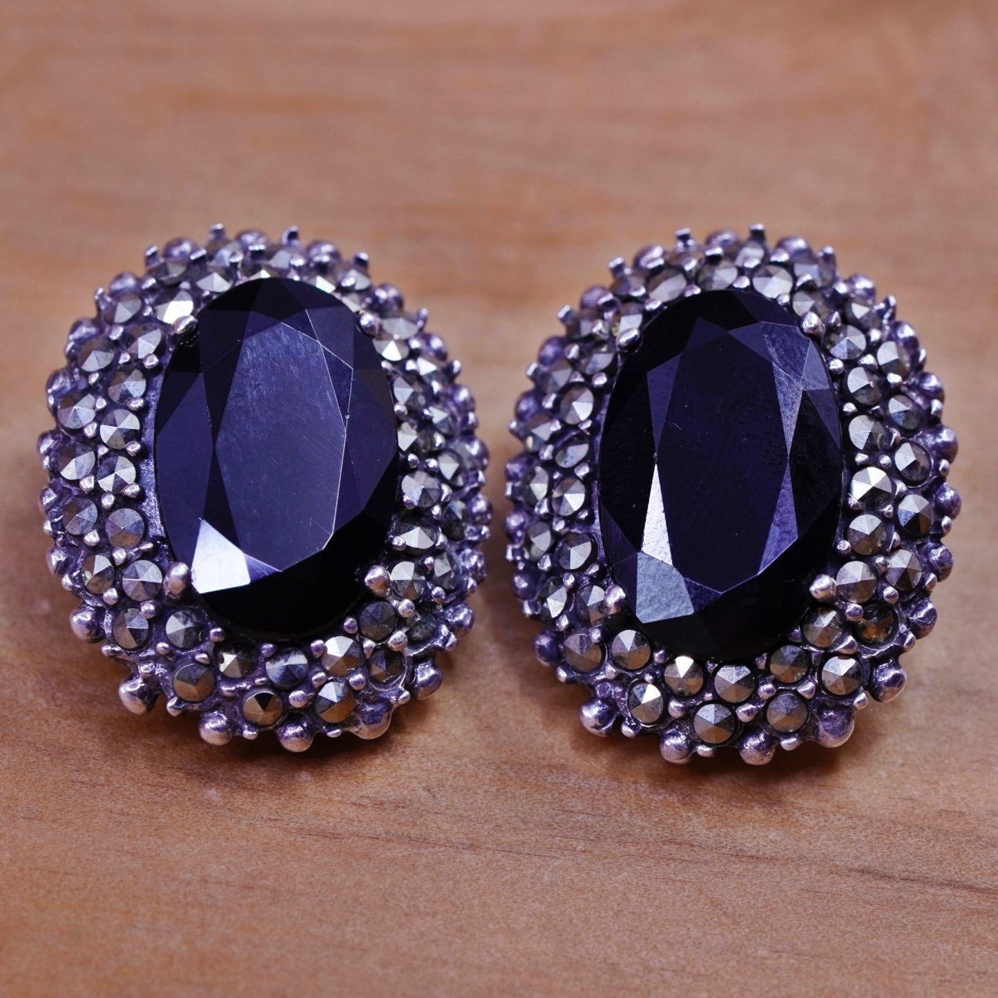 Mexico Sterling silver handmade earrings, 925 oval obsidian clip on marcasite