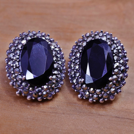 Mexico Sterling silver handmade earrings, 925 oval obsidian clip on marcasite