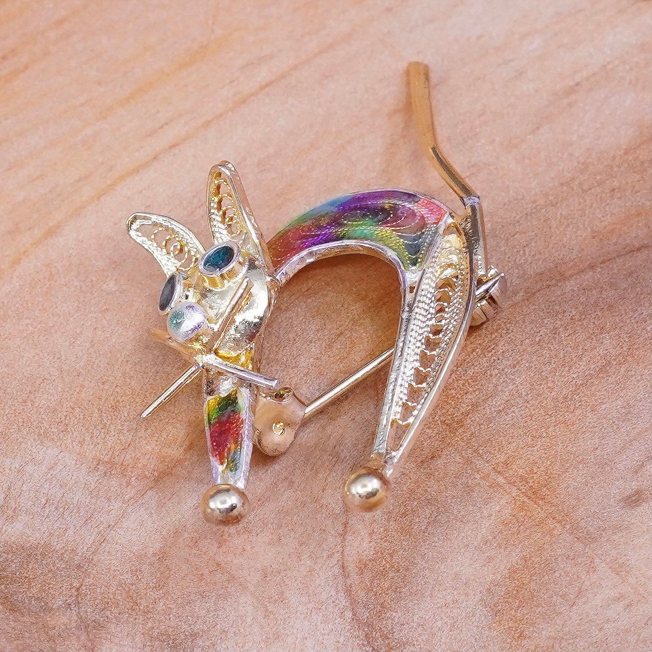 Vintage vermeil gold over handmade sterling 800 silver cat brooch pin enamel