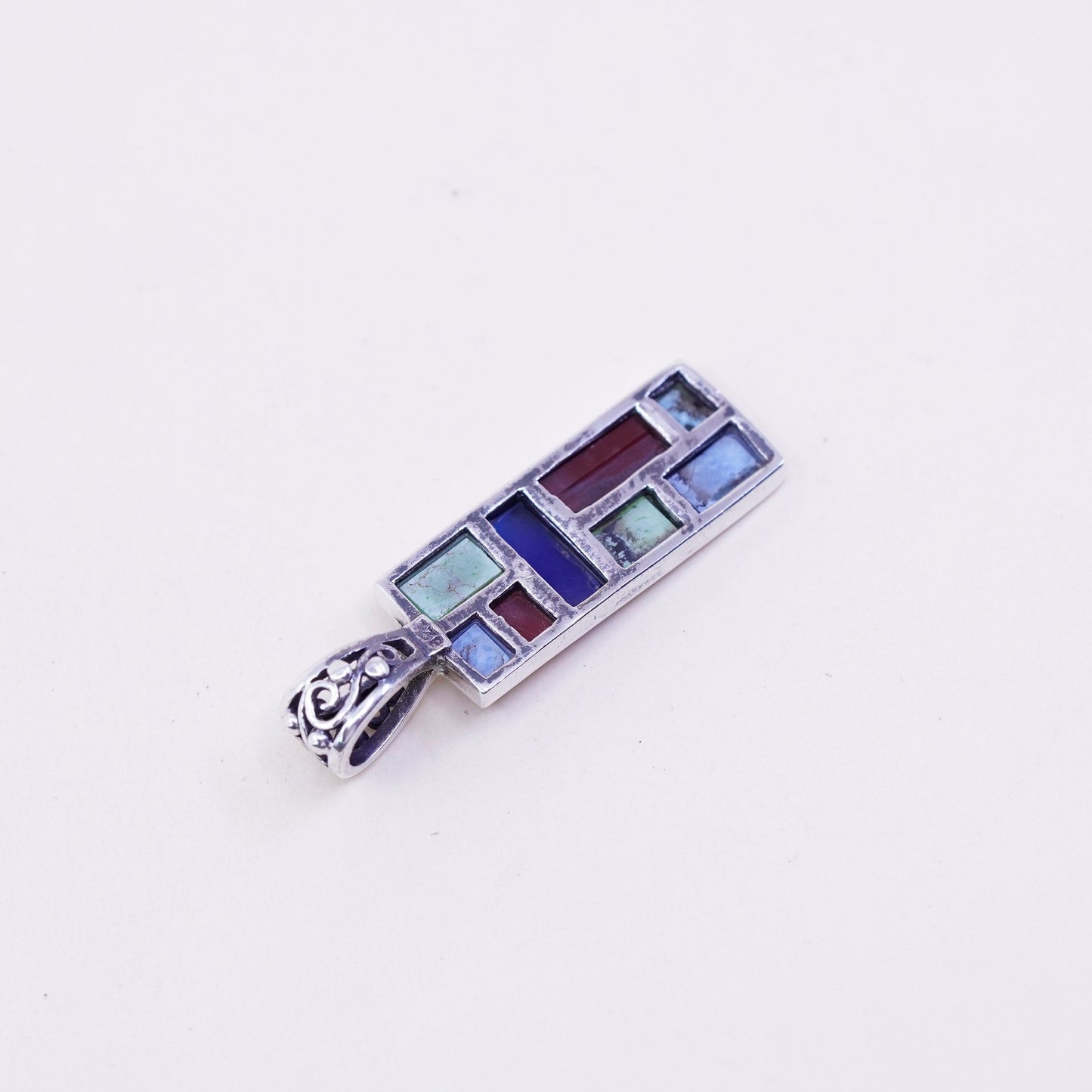 Vintage sterling 925 silver handmade rectangular pendant w/ red onyx turquoise