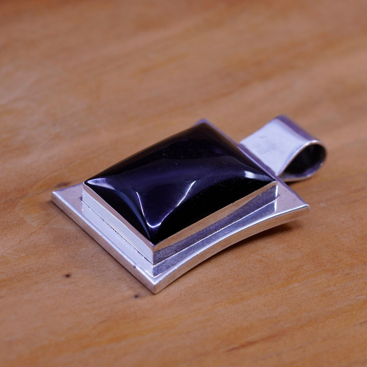 Vintage Sterling silver handmade pendant, Mexico 925 square obsidian, black onyx