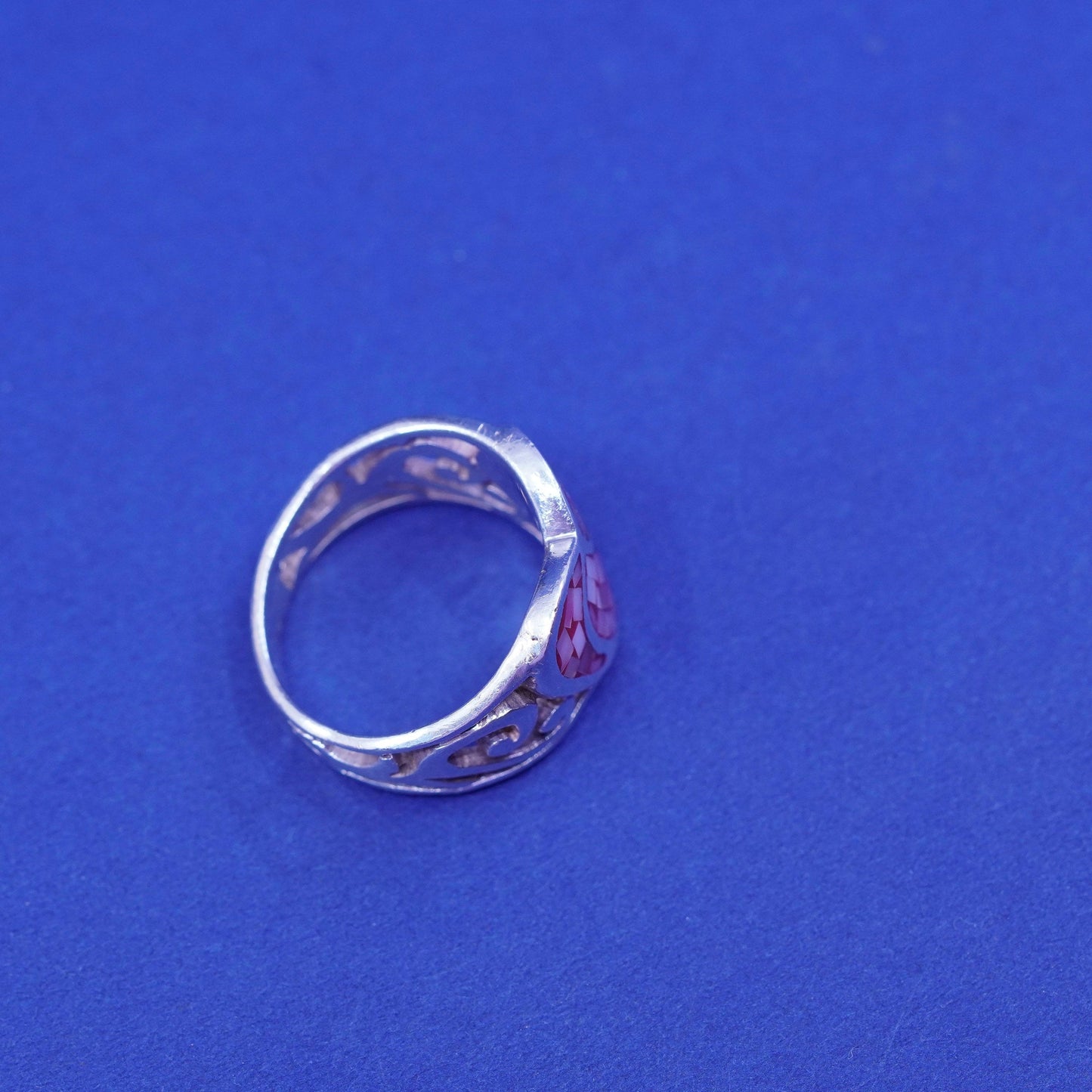 Size 7, vtg Sterling silver handmade ring, 925 heart band pink mother of pearl