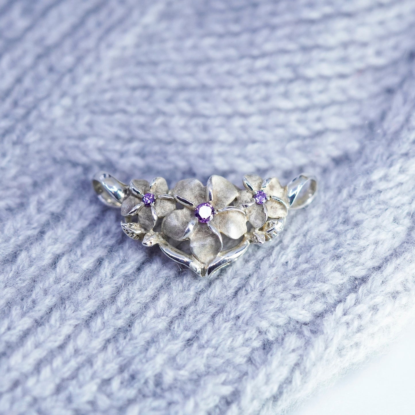 Vintage sterling 925 silver plumeria flower slide pendant with amethyst