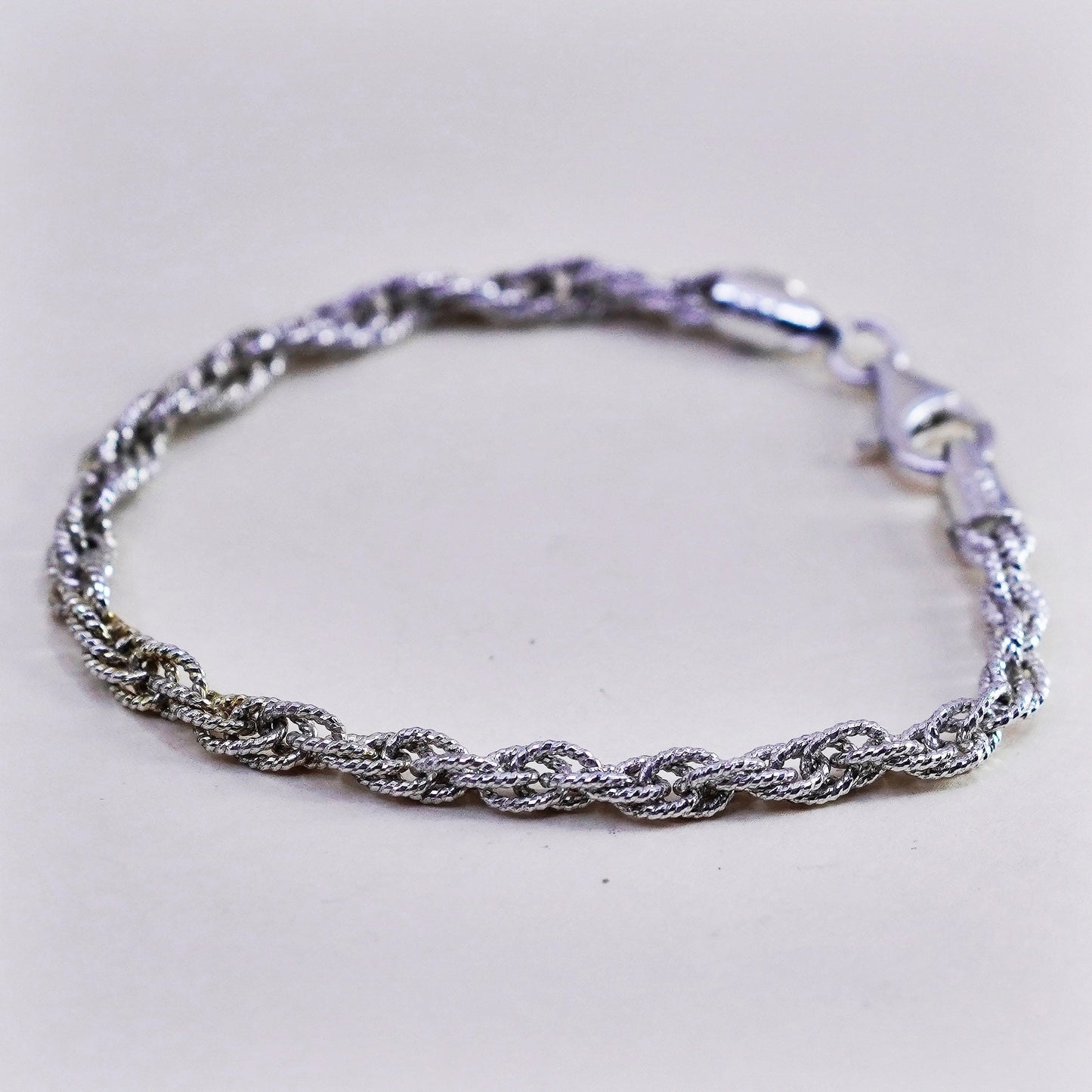 6.75", VTG Italy sterling silver bracelet, textured 925 Singapore rope chain