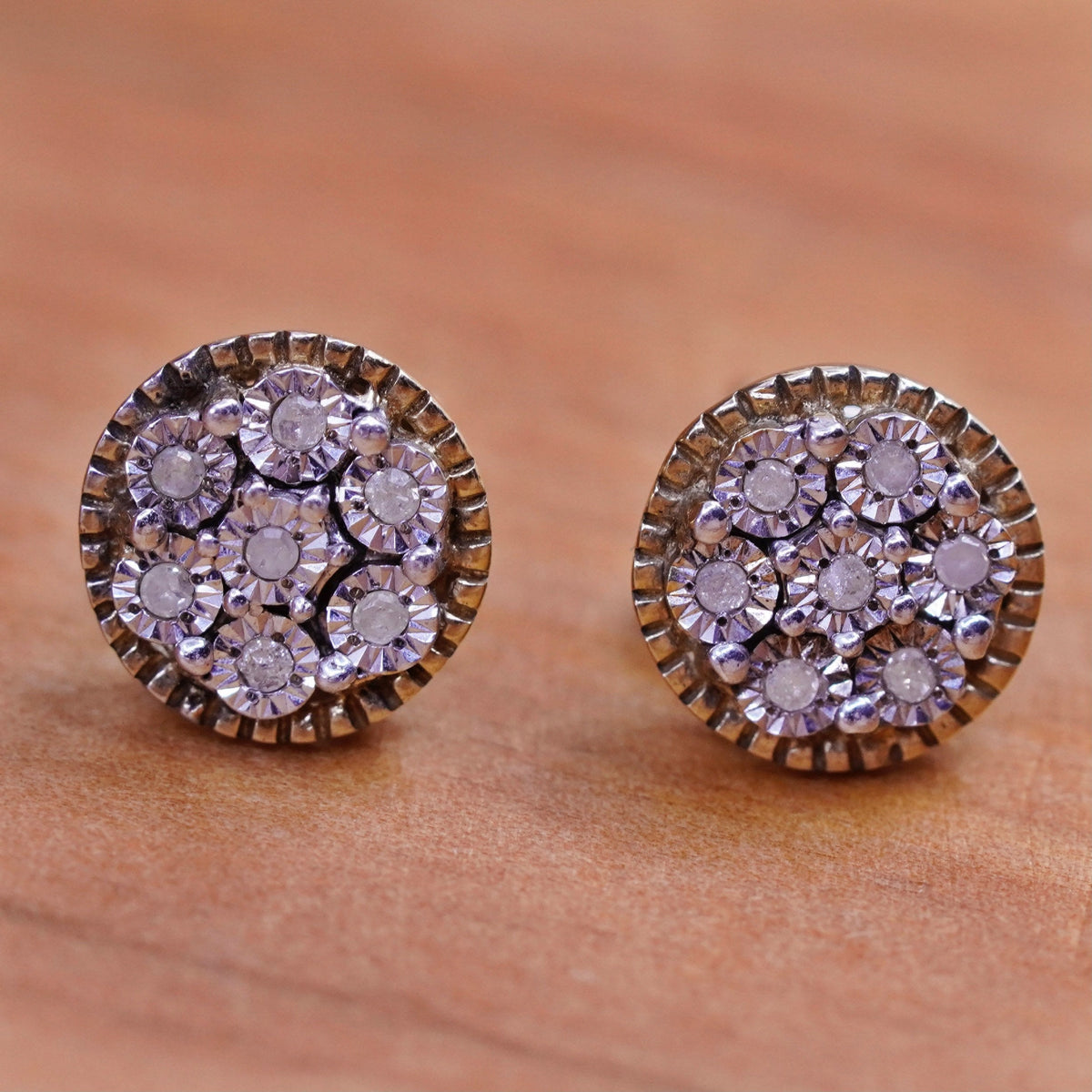 Vintage vermeil gold over Sterling silver earrings studs with genuine diamond