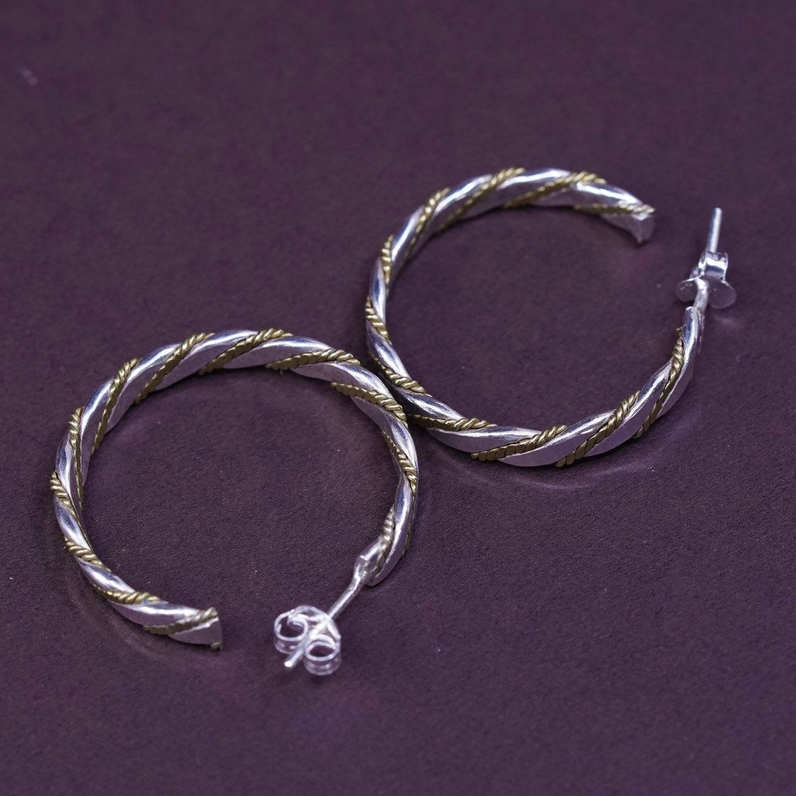 1", VTG Huggie Sterling silver handmade earrings, 925 studs w/ brass cable