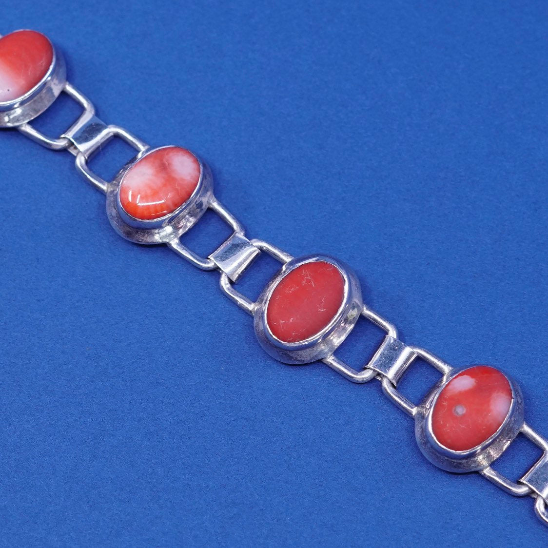 7", vtg sterling silver handmade bracelet with red Chalcedony, silver tested