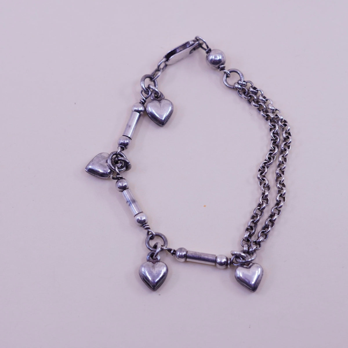 7”, sterling 925 silver circle bracelet, strands circle chain and heart charms