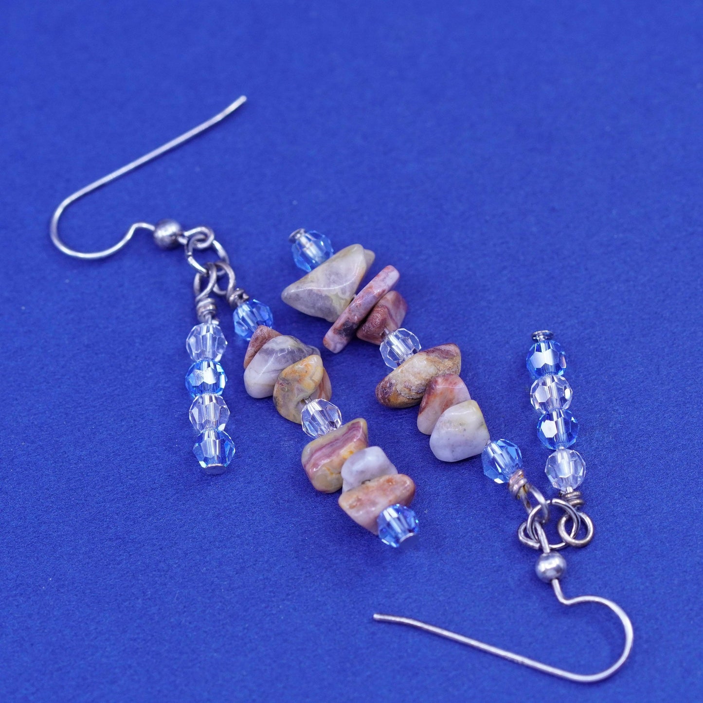sterling 925 silver handmade earrings blue crystal and jasper nuggets