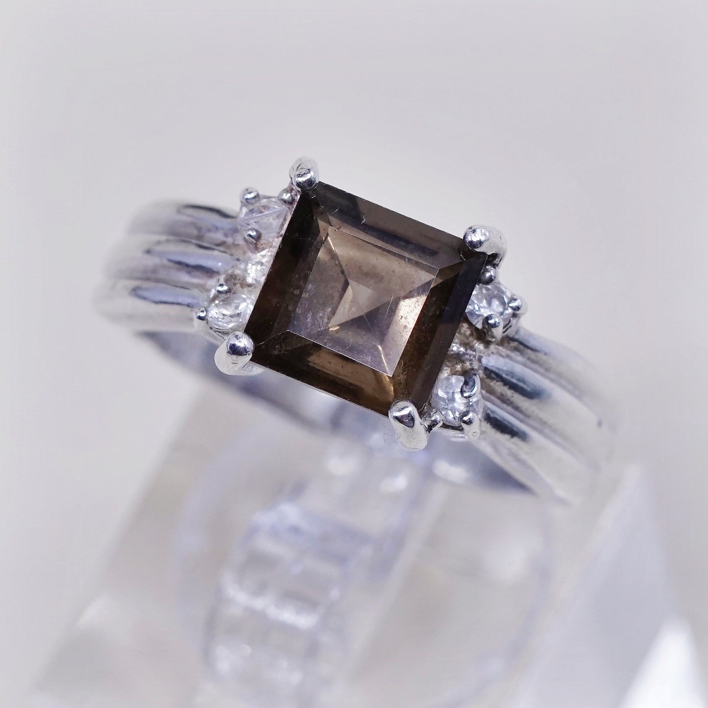sz 8.25, sterling silver handmade ring, 925 statement ring w/ smoky topaz N Cz
