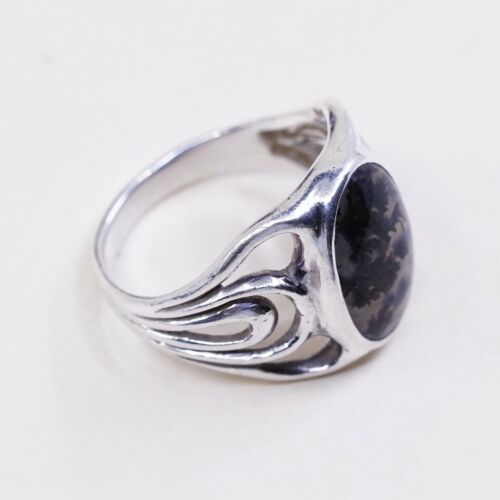 Sz 10, Vtg 925 sterling silver handmade ring W/ Dendritic agate, Silver Tested