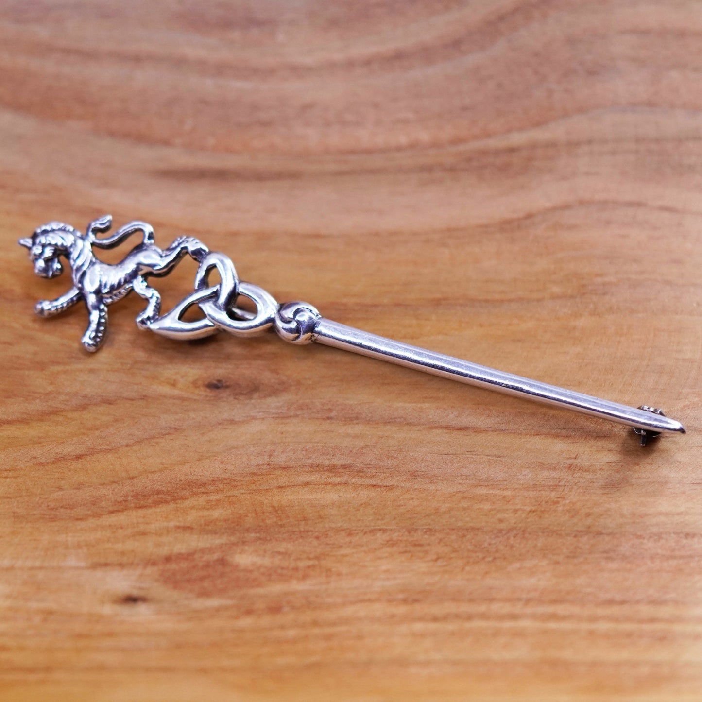 Vintage European handmade sterling 950 silver lion sword pin brooch