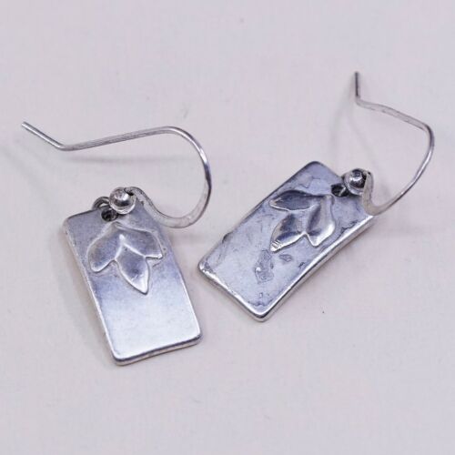 Vtg 925 Sterling Silver Handmade Tag Earrings W/ Leaves Embossed, Silver Tested