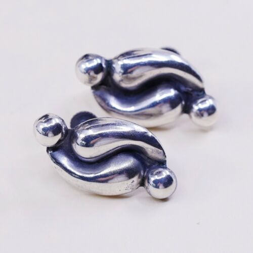 Vtg Mexico Sterling 925 Silver Handmade Screw Back Ribbed Earrings