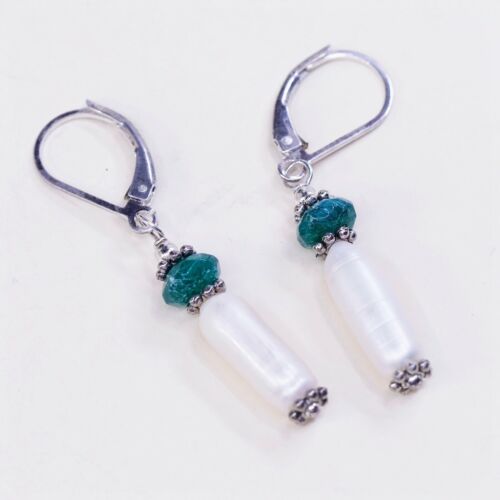 Vintage Southwestern handmade Sterling 925 Silver Pearl Earrings w/ Jade Beads