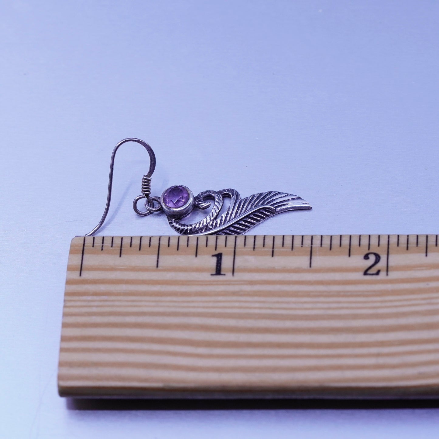 Vintage Sterling 925 silver handmade earrings with amethyst and leaf