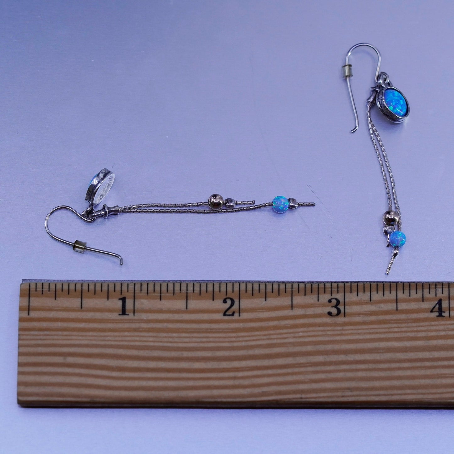 Vintage Sterling 925 silver handmade opal earrings with long fringe