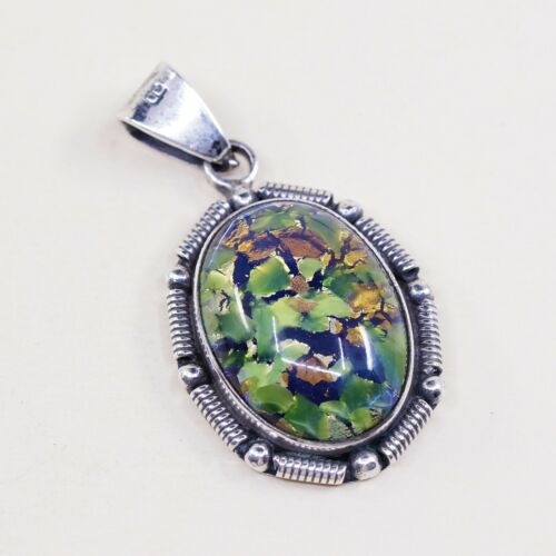 Vtg Sterling Silver Handmade Pendant, Mexico 925 Silver With Green Foiled Glass