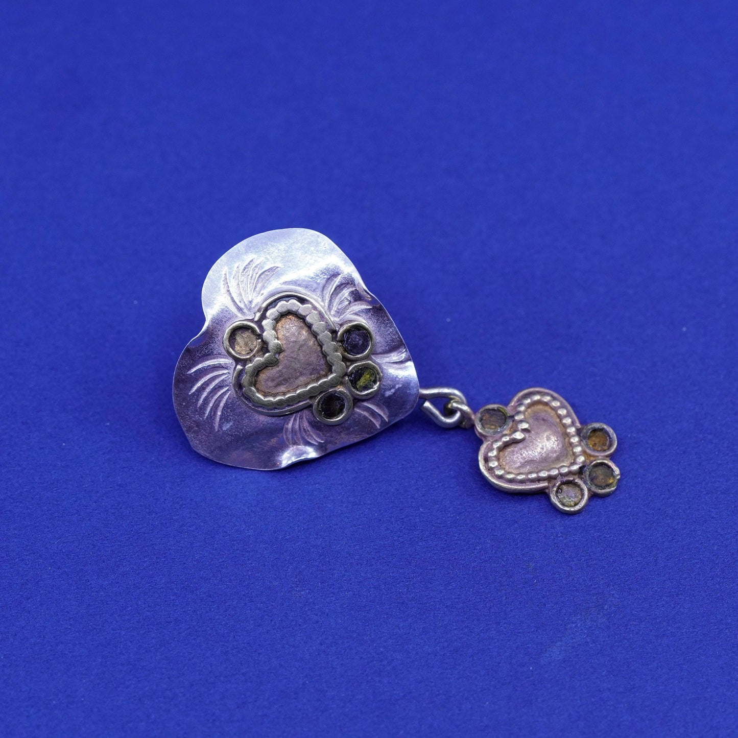 two tone Sterling silver handmade earrings, 925 heart studs brass trim dangle